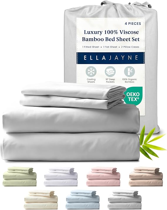 Ella Jayne Viscose Derived from Bamboo Sheets King Size Set (4 Pieces) King Size, Ultra Soft & Luxuriously Cooling, Eco-Friendly King Size Sheets Set Deep Pockets 16 Inch (Silver)