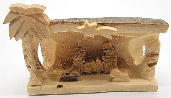 Zuluf Olive Wood Nativity Set with Bark Small Handmade Bethlehem Christmas Manger Scene, Christian Christmas Decorations, Wood Nativity Scene, Ideal Holy, Nacimiento de Navidad