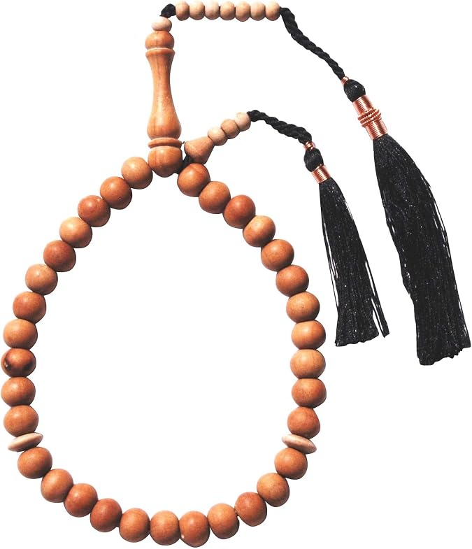 Small 8mm 33-Bead Sandalwood Tasbih with Black Copper-Decorated Tassels