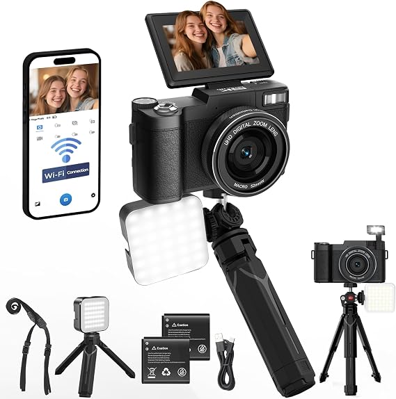 5K Vlogging Camera with WiFi 4K Digital Camera for Photography | Flip Screen, Slow Motion, Self-timer, 64MP Video Camera for Youtube with Selfie Light, Desk Tripod, Batteries, Strap