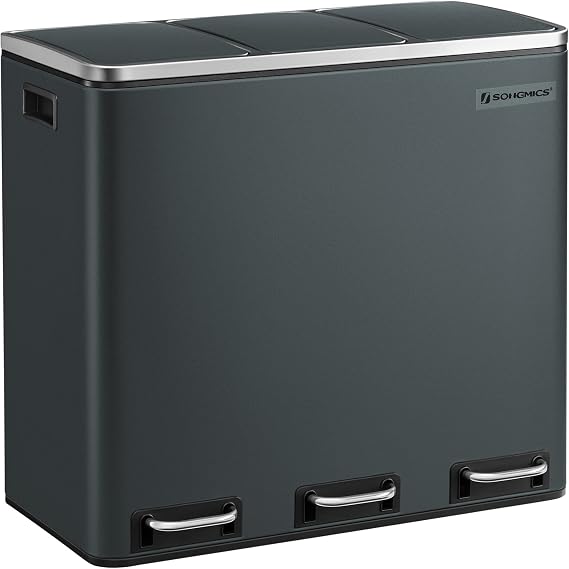 SONGMICS Kitchen Bin, 3 x 18 L Recycling Bin, 3 Compartment Rubbish Bin for Recycling and Waste, 15 Liners Included, Soft-Close Lids, Pedals, Inner Buckets, Steel, Greenish Grey LTB54GS
