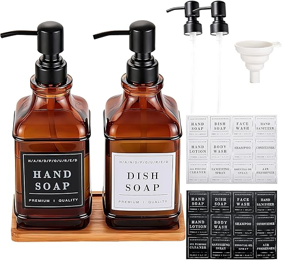 Pollock 2 Pcs 500ml Glass Soap Dispenser with 304 Stainless Steel Pump, Rustproof, Hand and Dish Soap Dispenser, with Waterproof Labels and Tray, for Bathroom, Kitchen, Countertop, Laundry Room, Brown