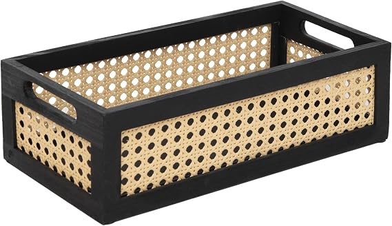 Wooden Rattan Storage Basket with Handles, Small Organizer Bin