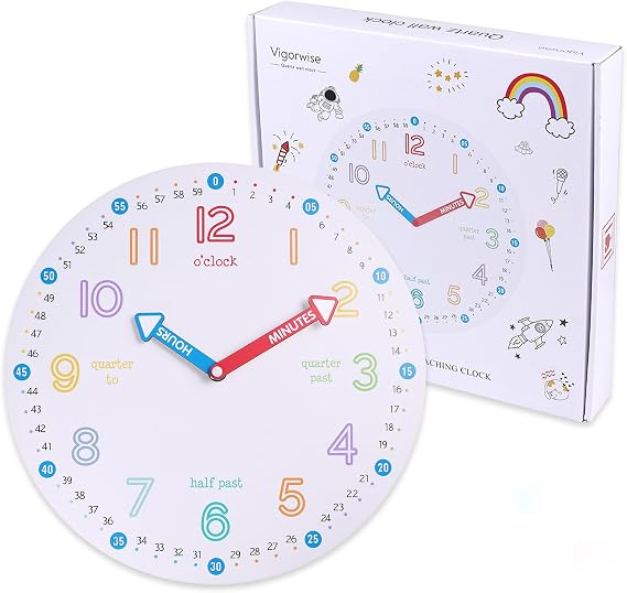 12 Inch Teaching Wall Clock Telling Time Teaching Clock | Silent Non Ticking Wood Wall Clock Decor for Bedroom School Classroom