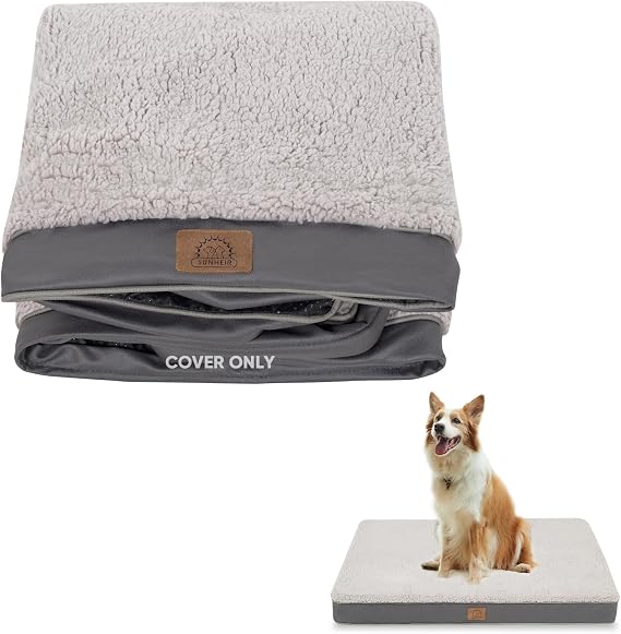 Sunheir Washable Large Dog Bed Covers Soft Plush Replacement, Waterproof Dog Bed Liner, Pet Bed Cover with Zipper 35x22x3 Inches, Grey, Cover Only