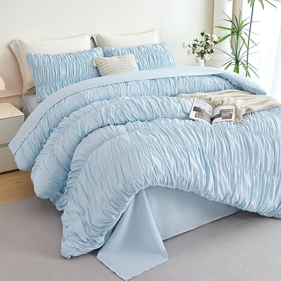 PERFEMET Full Size Bed in a Bag Light Blue 5 Pieces Fluffy Boho Ruched Comforter with Sheets Luxury Soft Pleated Texture Bedding Comforter Set All Season Lightweight Vintage Ruffle Bed Sets, 79"x90"
