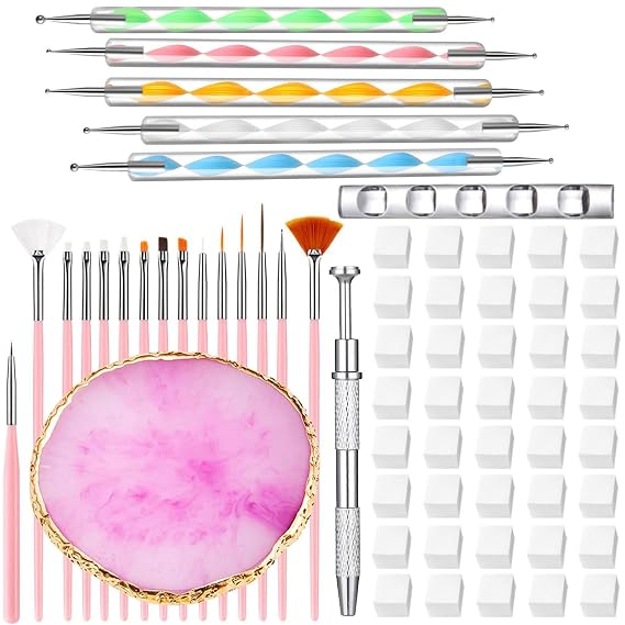 Nail Art Tools 73 Pcs Set Resin Nail Art Palette Nail Art Brush Nail Sponges with Metal Grabbing Pen 2-way Acrylic Silicone Engraving Pen Dotting Pen Home Salon Makeup Supplies (White Pink)