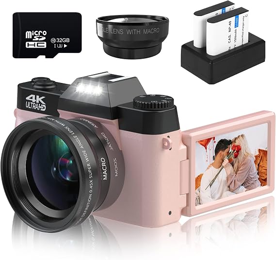 VETEK Digital Camera for Photography, 4K 48MP Vlogging Camera with 16X Digital Zoom, 52mm Wide-Angle & Macro Lens, 32GB Card & 2 Batteries