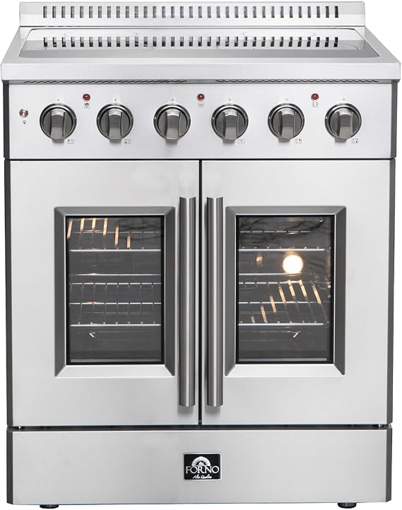 Forno Galiano Full Electric 30" Inch. French Door Freestanding Range with 4 Radiant Elements Ceramic Glass Cooktop - 4.32 Cu.Ft. Stainless Steel Convection Oven with Air Fryer Kit