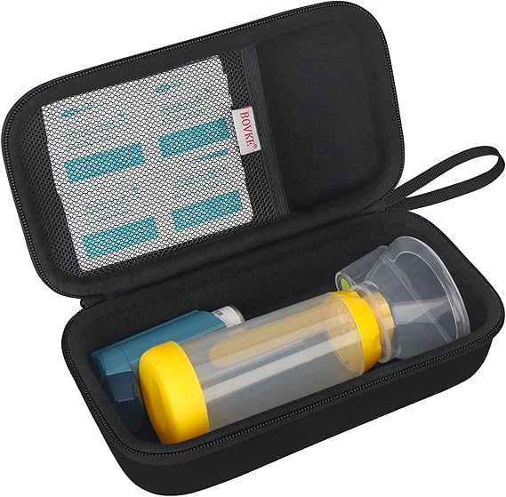 BOVKE Hard Travel Case for Asthma Inhaler, Inhaler Spacer for Kids and Adults, Masks, Inhaler Holder Asthma Carrying Bag with Mesh Pocket for Medicine and Other Accessories, Black (Case Only)