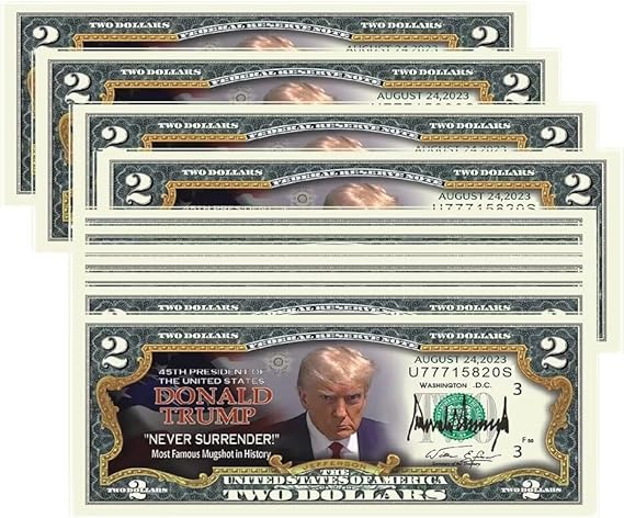YIQILAFADA Donald Trump 2 Dollar Bill - Pack of 50,Never Surrender Colorized Mugshot 2 Dollar Bill