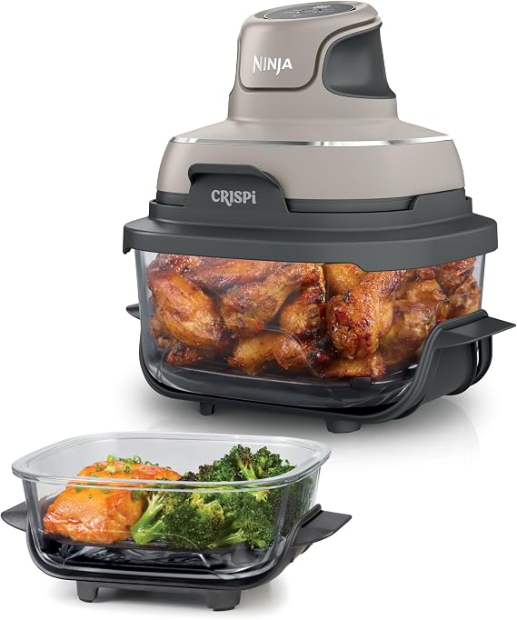 Ninja CRISPi Portable Air Fryer Hot Air Fryer 3.8L Stone FN101EUST 4-in-1: Hot Air Frying Roasting Keeping Warm Recrisp Compact 6 Servings 2x Removable Glass Containers & Lid 1700W