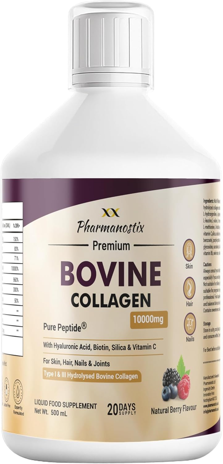 Pharmanostix Premium Bovine Collagen Liquid Supplement, 10000mg, Natural Berry Flavour, 500ml, with Hyaluronic Acid, Biotin, Silica, Vitamin C for Skin, Hair, Nails and Joints, 20 Days Supply