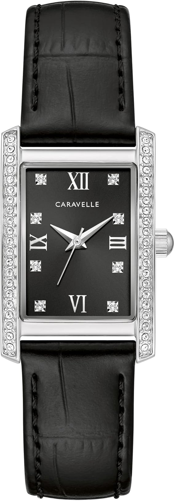 Caravelle by Bulova Ladies' Classic Crystal 3-Hand Quartz Watch, Roman Numeral Markers, Rectangle Case, Curved Mineral Crystal