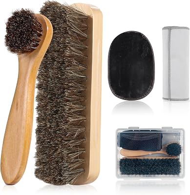 5 Pcs Horsehair Shine Shoes Brush Kit Polish Dauber Applicators Cleaning Leather Shoes Boots Care Brushes Suede Cleaner Brush with Microfiber Shoe Cloth.