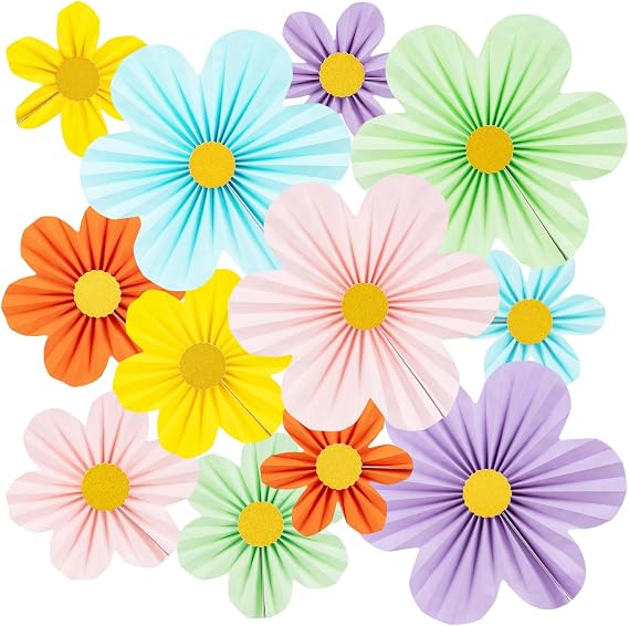 HFKPJRT 12 Pcs Paper Flowers Decorations for Wall, Pink Yellow Green Purple Orange Blue Tissue Flower, Pastle Floral Fans for Wedding Classroom Backdrop Bridal Shower Birthday Party Decoration 12"8"6"
