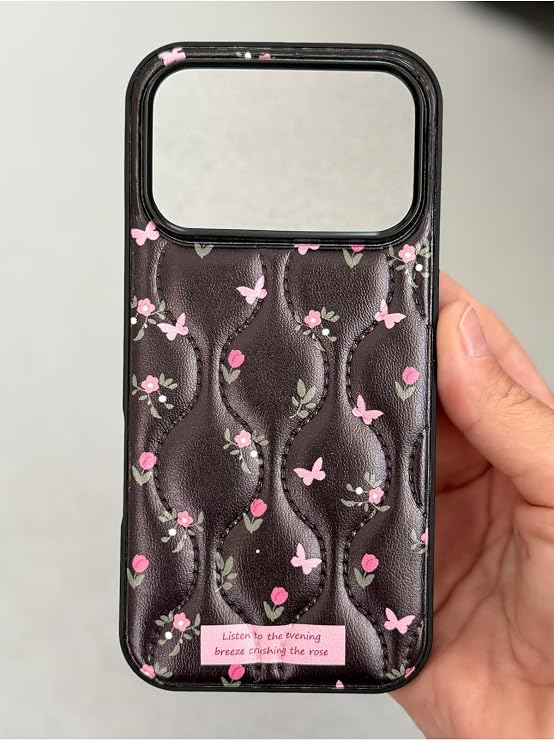 iPhone 17 Pro Uyumlu Deri Görünümlü Çiçek Desenli Kapitone Kılıf, İçi Kadife, Siyah