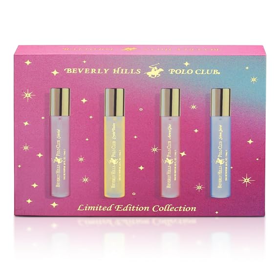 Beverly Hills Polo Club Womens Perfume Gift Set Limited Edition 4PC 10ml Collection with Magnetic Lid Box | Celestial, Crystal Desire, Aurora Glow & Selene Secret | Travel-Friendly Fragrance Set
