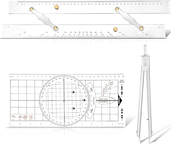 Motipuns 3 Pcs Basic Navigation Set, Include 16 Inch Marine Parallel Ruler with Clear Scales Navigation Divider Marine Nautical Protractor 6 Inch Marine Fixed Points Divider for Boat
