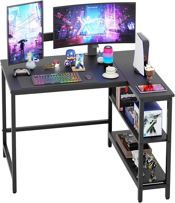 L Shaped Computer Desk, 39 Inch Corner Desk with Reversible Storage Shelves, Home Office Desk with Metal Frame, Modern Simple Style for Home Office, Living Room, Bedroom, Black