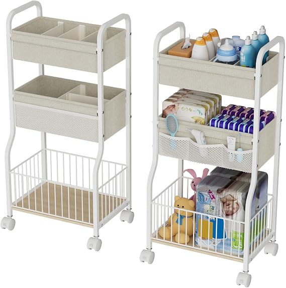 Baby Diaper Caddy Organizer and Storage & 3-Tier Rolling Diaper Cart with Lockable Wheels | 4+3 Dividers, Bedside Cart for Baby Essentials for Nursery, Bedroom, Bathroom