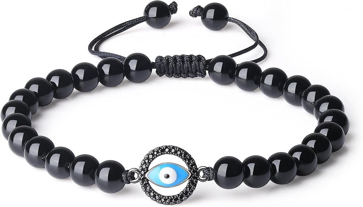 COAI Evil Eye Bracelet Black Obsidian Stone Beaded Bracelet for Men Women
