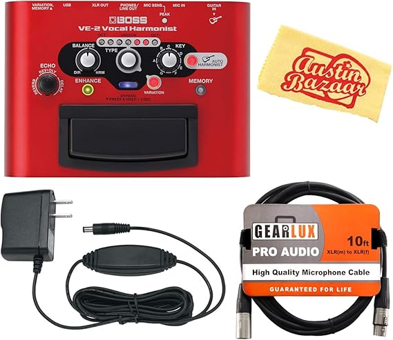 BOSS VE-2 Vocal Harmonist Bundle with Gearlux Power Supply, XLR Cable, and Austin Bazaar Polishing Cloth
