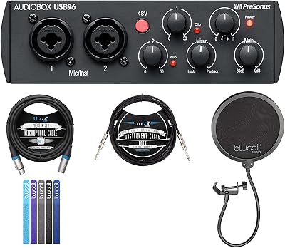PreSonus AudioBox USB 96 Audio Interface 25th Anniversary Edition for Mac and Windows Bundle with Blucoil 10 Straight Instrument Cable 14, 10-FT Balanced XLR Cable, Pop Filter, and 5x Cable Ties