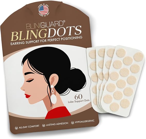 BlingDots Earring Backs for Droopy Ears Memory Foam Earlobe Support Patches for Earrings and Heavy Earring Support Backs Pierced Lobe Stabilizer & Relief Patches Travel-Ready Made in USA 60 Dots
