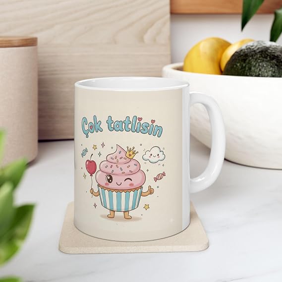 Sevimli Cupcake Temalı Porselen Kupa Bardak, Çok Tatlısın Yazılı, Sevgiliye Hediye, Beyaz Dekoratif Kahve Kupası