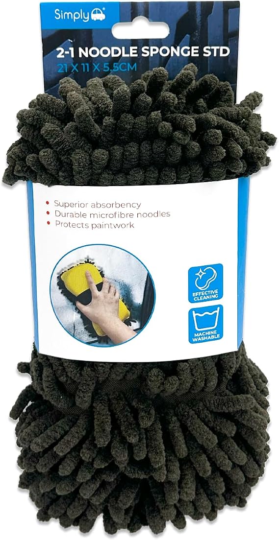 Simply Auto 2-1 Noodle Sponge Std, For Exterior & Interior Car Cleaning, Soft and Streak Free Washing & Drying for Paintwork and Glass, Ideal for Car and Motorbike 21cm x 11cm