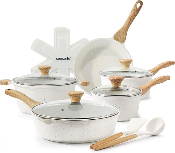 SENSARTE Ceramic Nonstick Pots and Pans Set 15-Piece, PTFE and PFAS Free Cookware Set with Stay Cool Handle, Induction Compatible