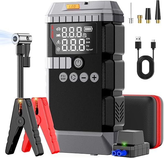 Portable Car Battery Jump Starter with Air Compressor (All Gas/12L Diesel)