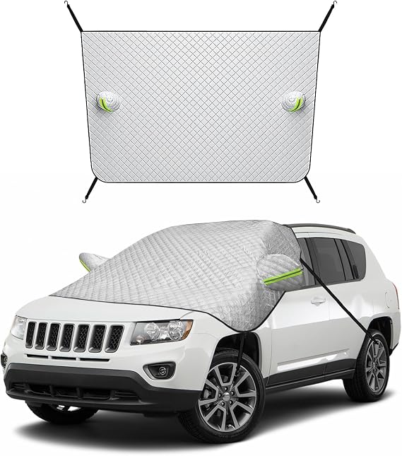 Car Windshield Snow Cover, 5 Layers Ultra Thick Magnetic Windscreen Frost Protector with Side Mirror Cover, Weatherproof Windshield Snow Ice Cover with Elastic Strap & Hook (Silver)