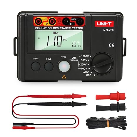 UNI-T Digital Megohmmeter UT501A Insulation Resistance Tester Multimeter, Electrician Megohm Meter, 125V/250V/500V/1000V Test Voltage, 0.01~200 Low Resistance Testing, 2000 Counts Auto Ranging