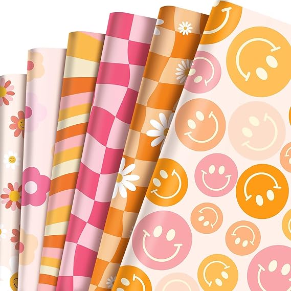 Bolsome 12 Sheets Boho Wrapping Paper Retro Groovy Gift Wrap Paper, Smiley Face Floral Daisy Pattern Wrapping Paper for Baby Shower Birthday Wedding DIY Crafts Gift Packing