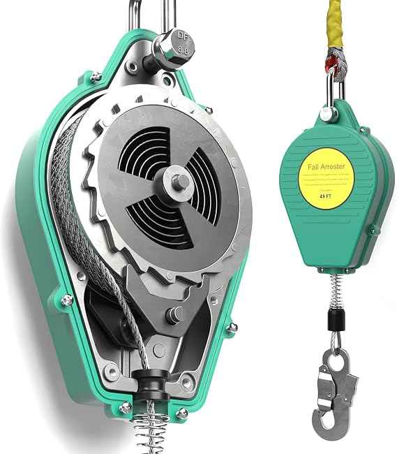 49ft Self Retracting Lifeline, 330lbs Retractable Fall Arrester, Fall Protection Lanyard, Double Lock Safety Harness for Construction, Dual Swivels, Flame Retardant Steel Wire(3.2mm)