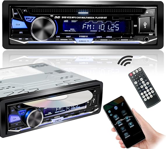 Single Din Car Stereo CD DVD Bluetooth USB Player Audio Receiver AM/FM Radio APP Control MP3 SD AUX