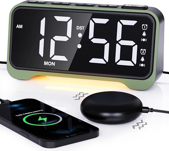 ROCAM Vibrating Alarm Clock for Heavy Sleepers with Powerful Bed Shaker | Loud Alarm Clock Bedsides for Deaf People, 5 Dimmer, 5 Volumes, Snooze, Power-Off Memory, 12/24H, Week Display, Night Light