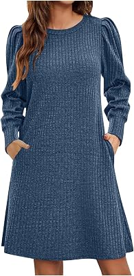 Womens Long Sleeve Knit Stripe Warm Sweater Dress Winter Fall Crew Neck Casual Loose Fit Club Dresses with Pocket