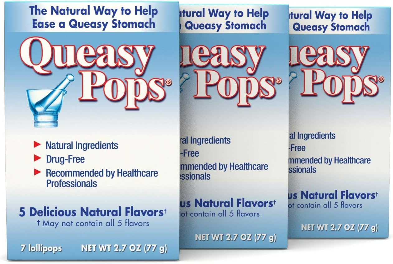 Queasy Pops | Nausea Chemo, Motion Sickness etc. | Drug Free & Gluten Free | 7 Flavors: Green Tea with Lemon, Ginger, Peppermint & More, 7 Count Pack of 3