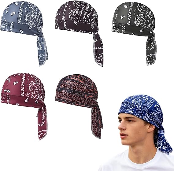 5pcs Pirate Bandana for Men Paisley Cooling Head Scarf Elastic Fit Cycling Sports Cap Headscarf Cap Set Bandana Beanie Motorcycle Head Wrap Safety Helmet Liner