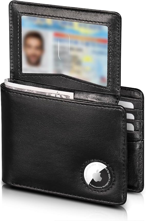 AirTag Wallet - Top Grain Leather Bifold Mens Wallet with AirTag Holder, RFID Blocking Wallet for Men with 2 ID Window 12 Card Holders and Gift Box - Black