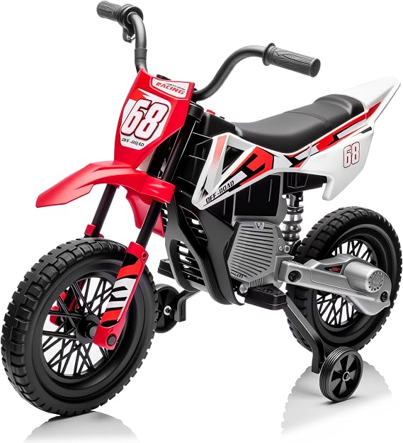 12V Kids Motorcycle with Training Wheels, Twist-Grip Throttle, Up to 3.1mph, Motorcycle for Kids Aged 37-96 Months Old, Red