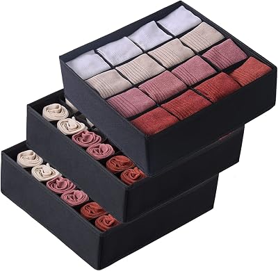 Qozary 3 Pack Socks Underwear Drawer Organizer Divider, 2 Pack 24 Cell and 1 Pack 16 Cell Collapsible Cabinet Closet Organizer Storage Boxes for Clothes, Socks, Lingerie, Underwear, Ties