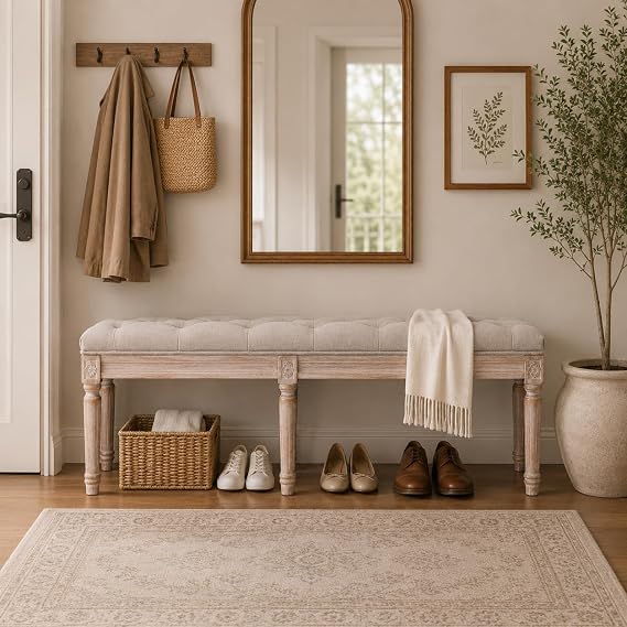 chairus Fabric Upholstered Dining Bench - Classic Entryway Ottoman Bench Bedroom Bench with Rustic Wood Legs - Beige