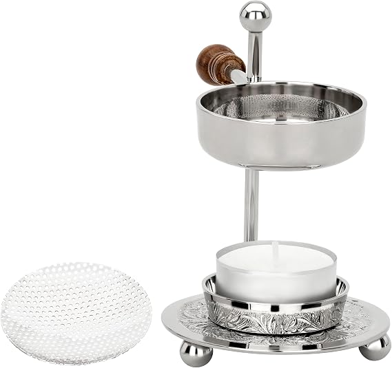 Adjustable Resin Incense Burner/Incense Censer with Tealight and Wooden Handle HANDCRAFTET Nickel-Plated Brass, Height 4.33 inch, Durable Aromatherapy Holder for Safe Burning