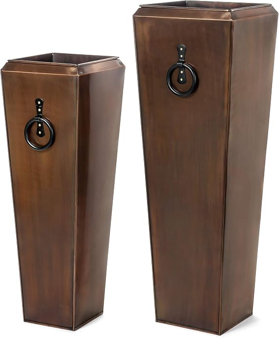 H Potter Tall Copper Planters Set of 2 Antique Copper Hammered Stainless Steel Indoor Outdoor Planter with Insert & Drainage Large Decorative Floor Planters for Entryway Porch Patio
