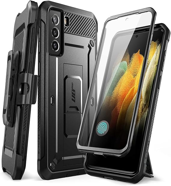 SUPCASE for Galaxy S21 FE Case with Built-in Screen Protector, Black | Invisible Stand, Charge Port Cover, Belt Clip Holster, Military-Grade Protection, Anti-Slip, Shockproof, Unicorn Beetle Pro
