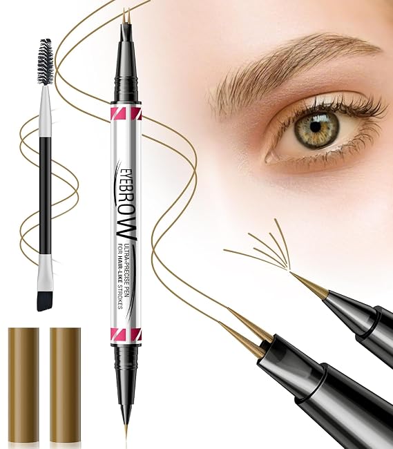 Microblading Eyebrow Pen - Eyebrow Pencil Magical 2-in-1 Dual-Ended Eye Brow Pencils for Women with 2-Fork-Tip & Precise Brush-Tip Create Natural Hair-Like Brows (Light Brown)